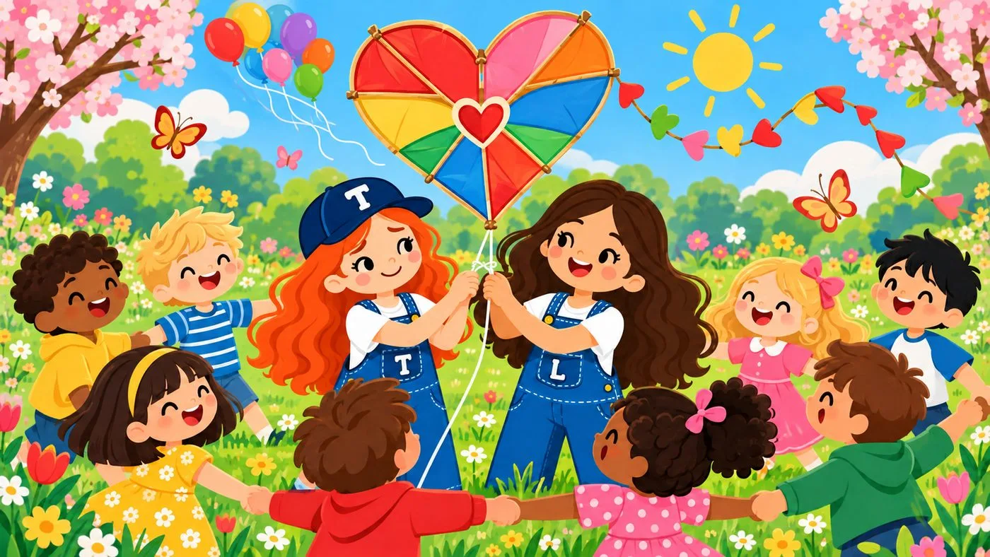 Ilustración: Tilly y Lou sujetan juntas una cometa con forma de corazón en un prado lleno de flores, rodeadas de niños y niñas