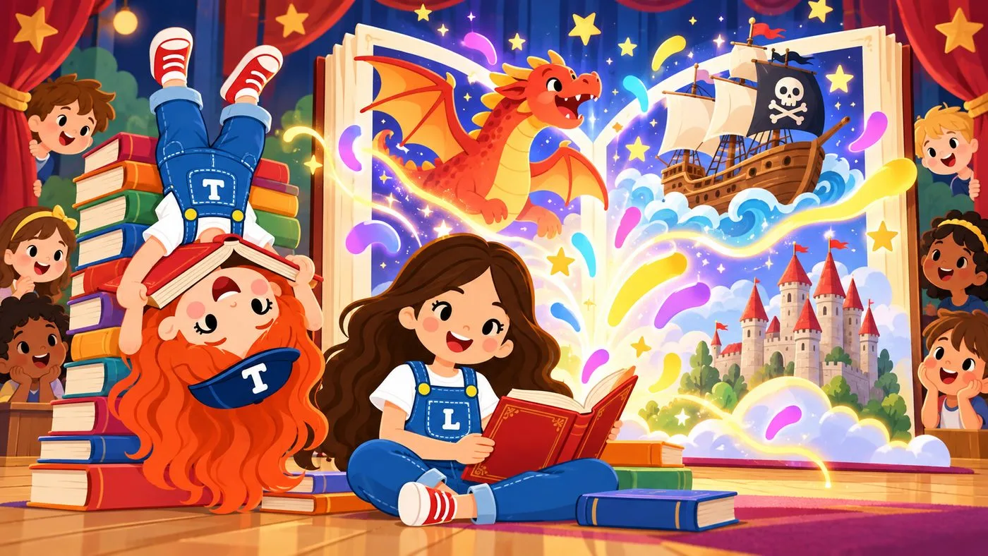 Ilustración: Tilly, cabeza abajo sobre una pila de libros, y Lou, leyendo en el suelo, ante un libro gigante del que salen un dragón, un barco pirata y un castillo