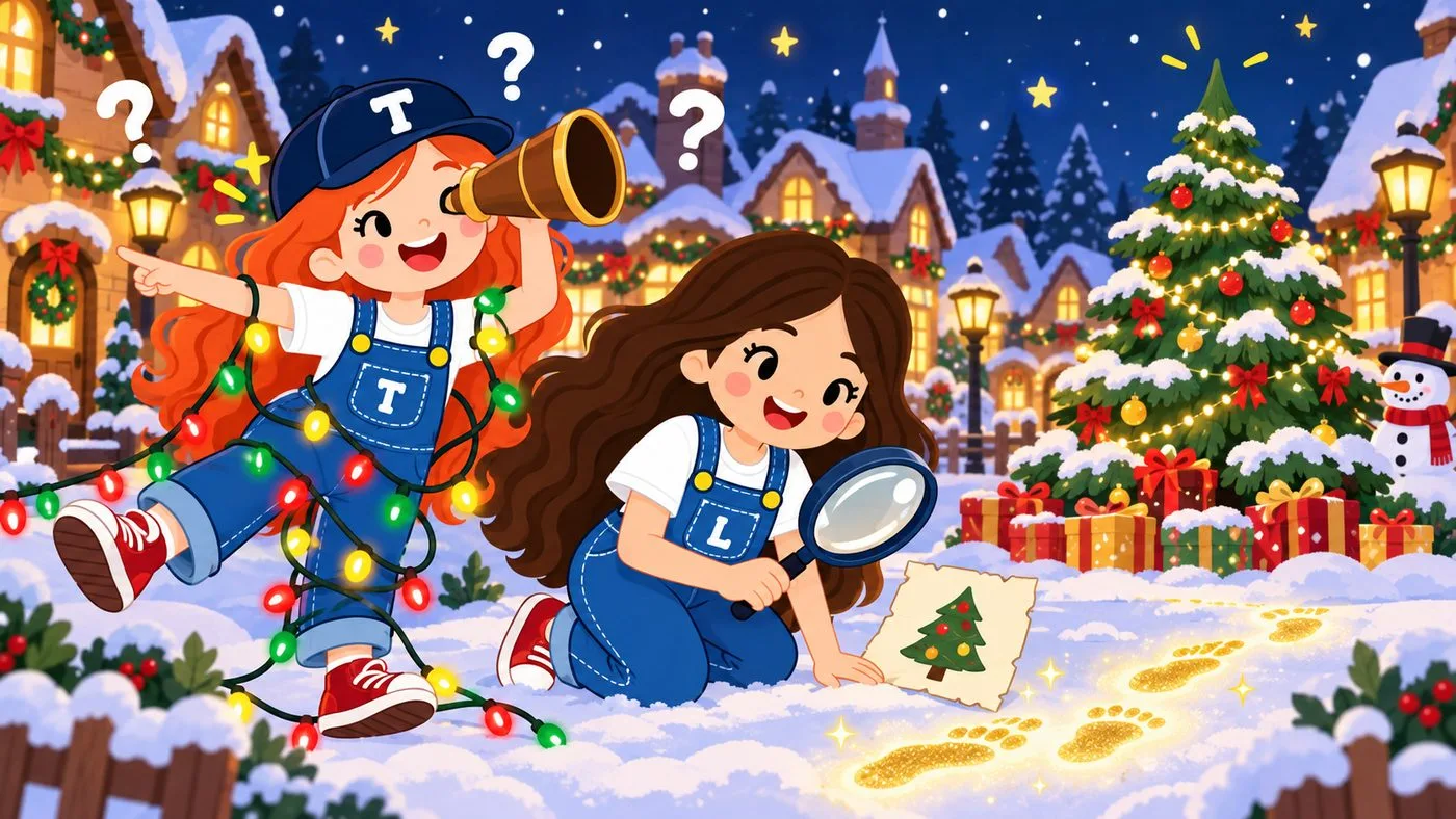 Ilustración: Tilly, enredada en luces de colores, mira con un catalejo y Lou sigue con una lupa unas huellas doradas en la nieve