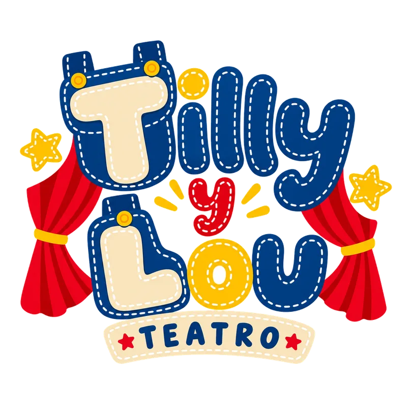 Logo de Tilly y Lou Teatro: letras de tela vaquera con pespunte entre dos cortinas rojas