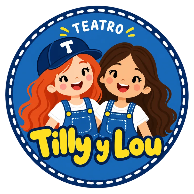 Ilustración de Tilly, pelirroja con gorra, y Lou, morena, con su peto vaquero, dentro de un sello redondo